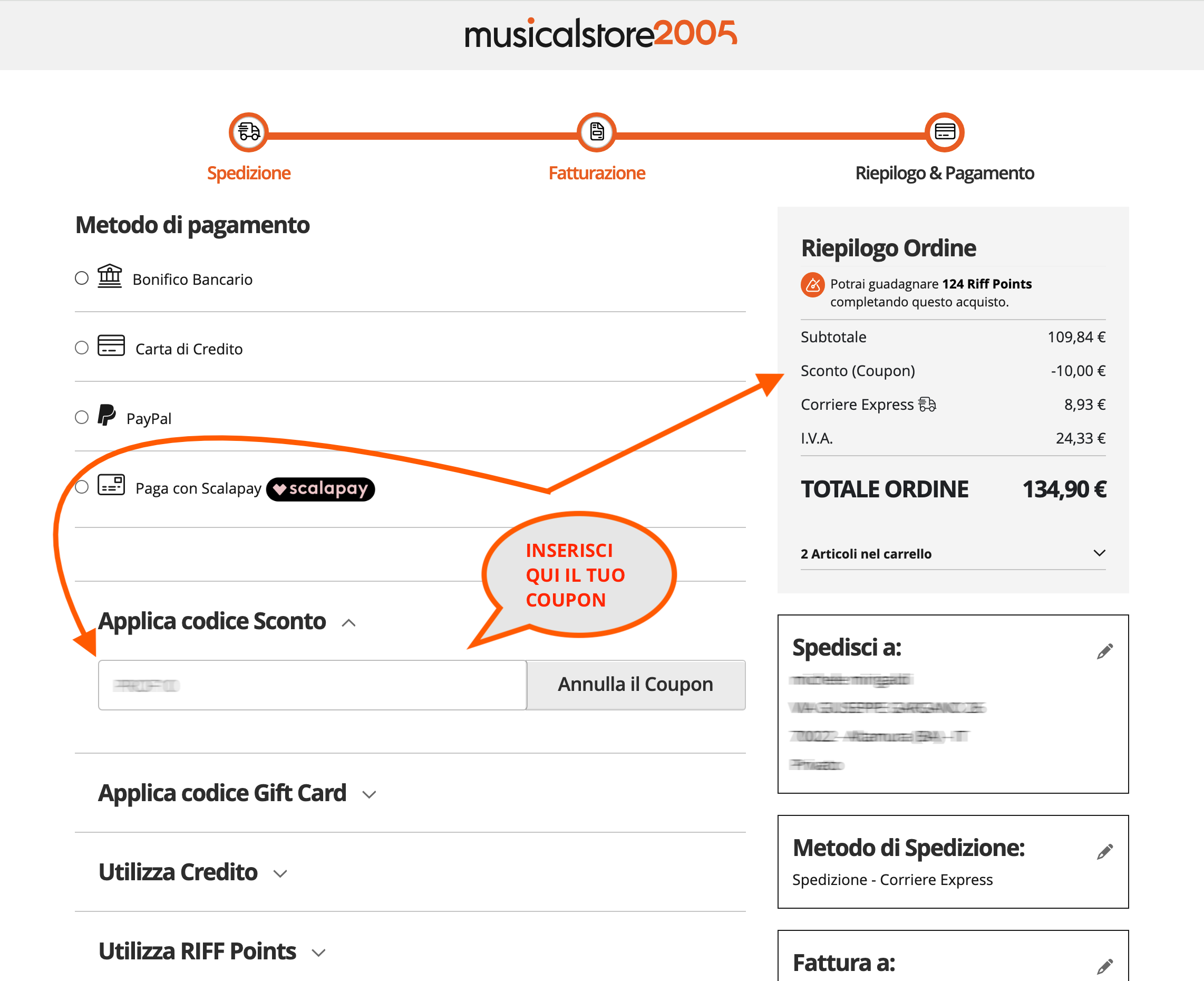 Esempio: dove inserire il codice coupon su MusicalStore2005